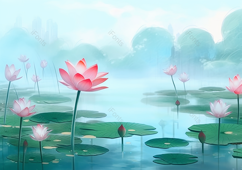 唯美夏季山水荷花池风景背景图插画,插画/手绘图,插画/手绘图库,插画/手绘图下载,插画/手绘